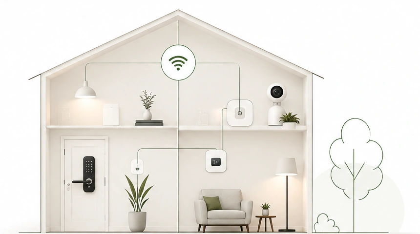 Casa inteligente em corte com fechadura digital, câmera, iluminação e dispositivos conectados