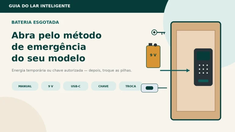 Porta com fechadura digital, bateria 9 V, conector USB-C e chave de emergência