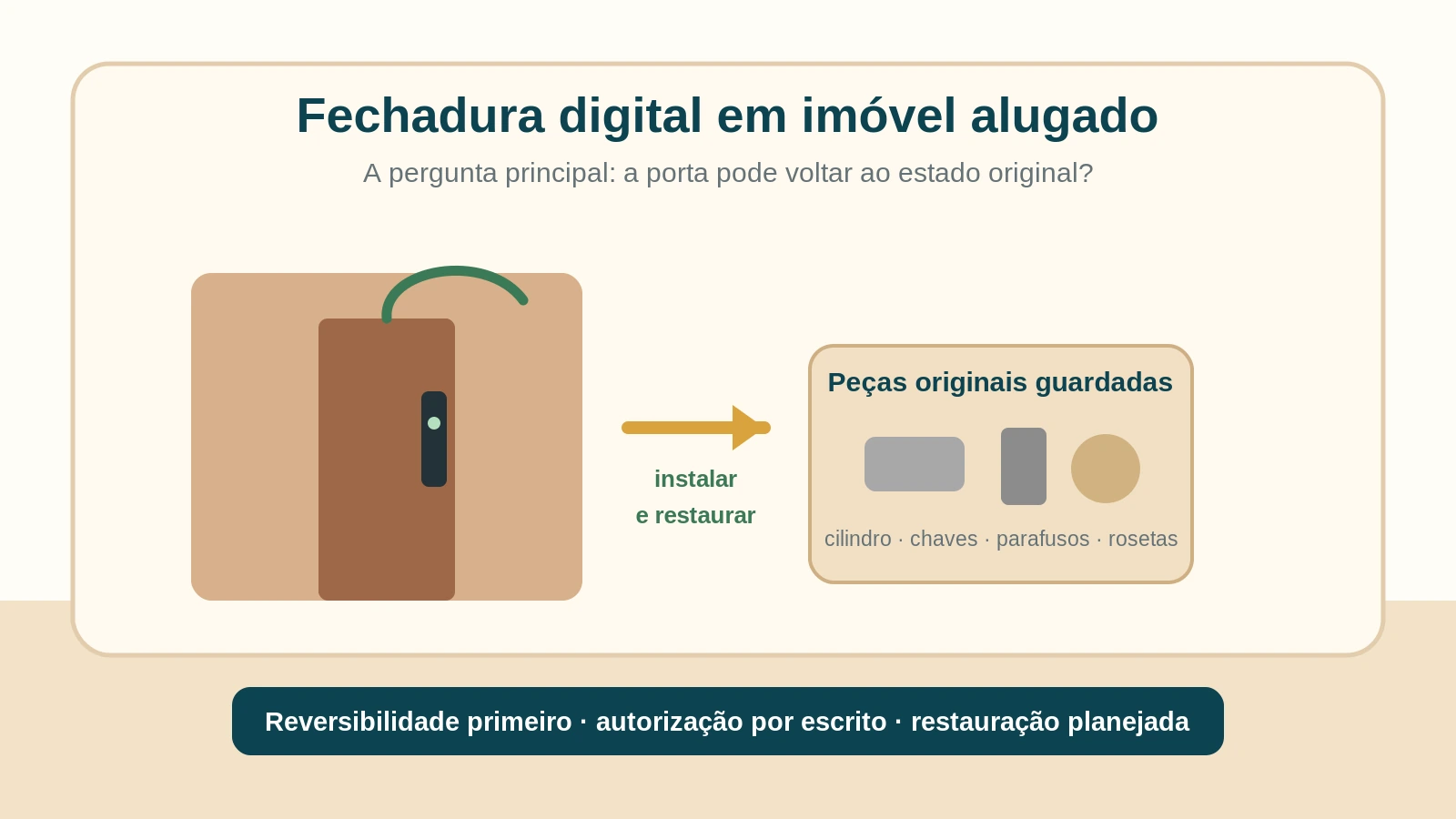 Porta de apartamento alugado com fechadura digital interna e caixa contendo as peças originais identificadas