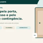 Porta residencial com fechadura digital e símbolos de senha, biometria, celular e chave