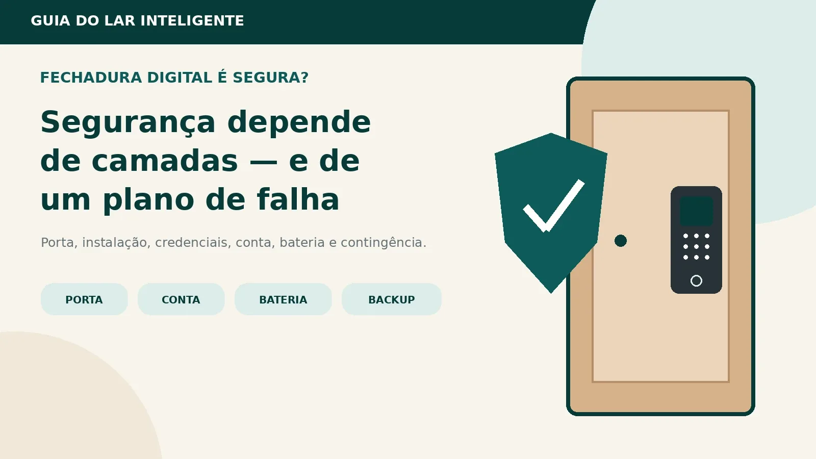 Porta com fechadura digital protegida por um escudo e referências a conta, bateria e contingência